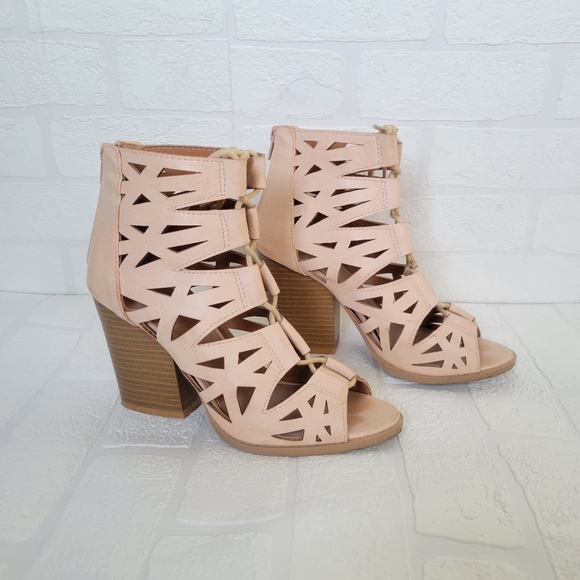 Qupid Nude Lace Up Laser Cut Out Heel Booties - Picture 1 of 14